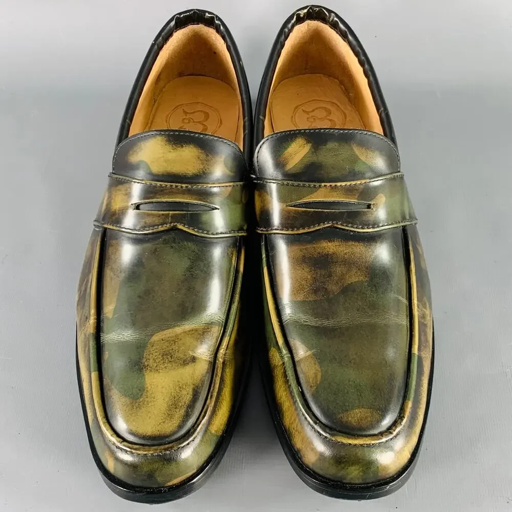 BAJOLUGO Size 10.5 Green Brown Camo Penny Loafers